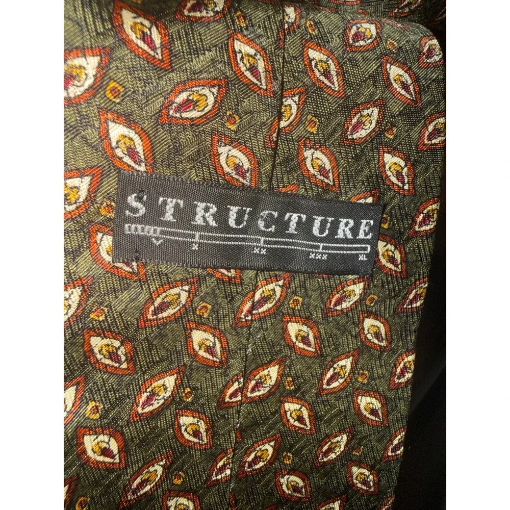 Structure‎ Vintage Mens Silk Tie Olive Green Burgundy Gold Geometric Pattern 325